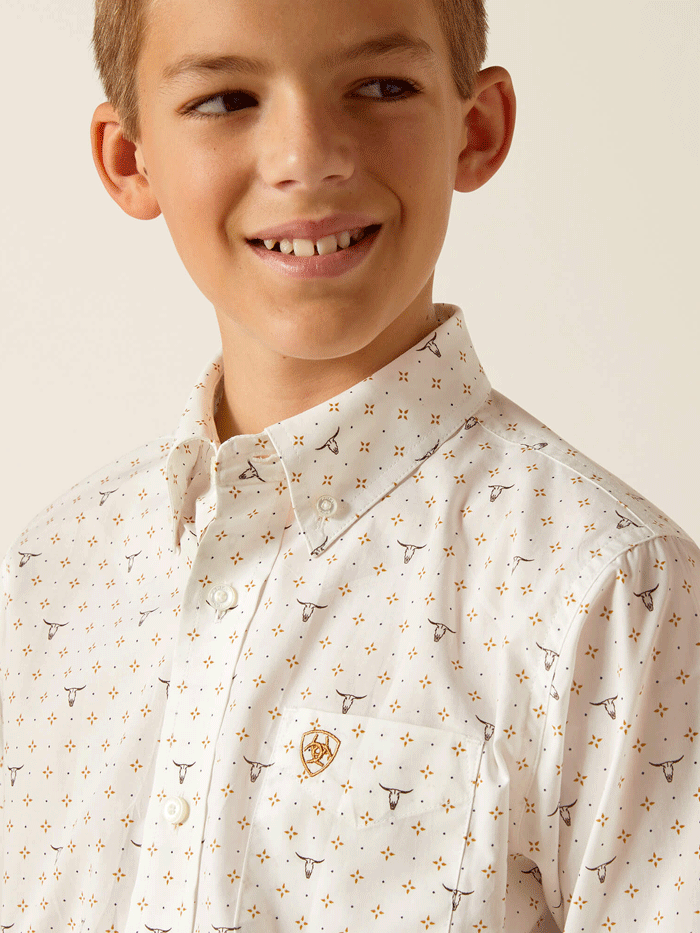 Ariat 10051410 Kids Edmond Classic Fit Shirt White front view. If you need any assistance with this item or the purchase of this item please call us at five six one seven four eight eight eight zero one Monday through Saturday 10:00a.m EST to 8:00 p.m EST