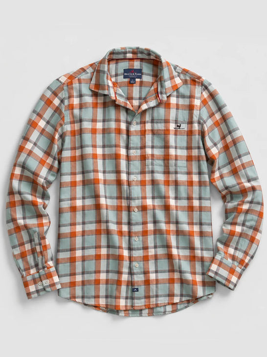 Beach and Barn UNDERTOW Woven Plaid Shirt Autumnal front view. If you need any assistance with this item or the purchase of this item please call us at five six one seven four eight eight eight zero one Monday through Saturday 10:00a.m EST to 8:00 p.m EST