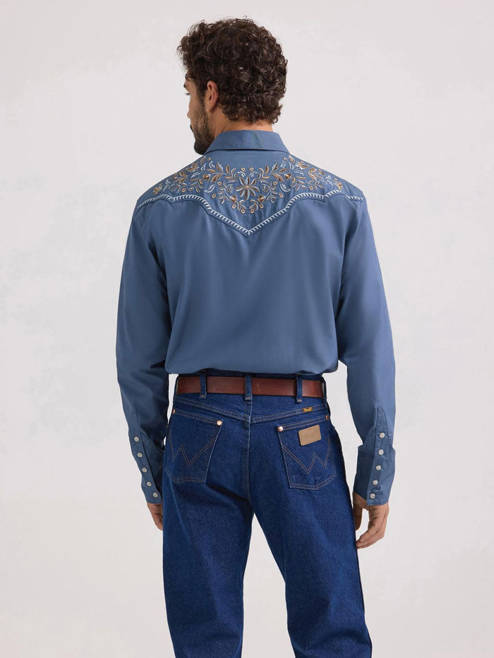 Wrangler 112360119 Mens Rodeo Ben Long Sleeve Shirt Blue front view. If you need any assistance with this item or the purchase of this item please call us at five six one seven four eight eight eight zero one Monday through Saturday 10:00a.m EST to 8:00 p.m EST