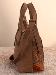 Wrangler WG226-8605BR Womens Tooled Aztec Pattern Print Crossbody Brown side view. If you need any assistance with this item or the purchase of this item please call us at five six one seven four eight eight eight zero one Monday through Saturday 10:00a.m EST to 8:00 p.m EST