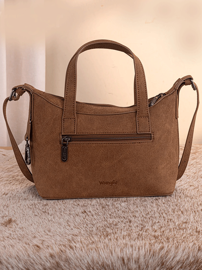 Wrangler WG226-8605BR Womens Tooled Aztec Pattern Print Crossbody Brown front view. If you need any assistance with this item or the purchase of this item please call us at five six one seven four eight eight eight zero one Monday through Saturday 10:00a.m EST to 8:00 p.m EST