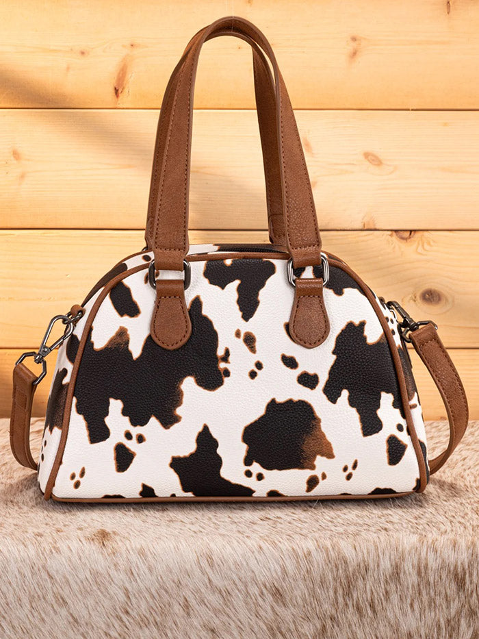 Wrangler WG399-5112BRCOW Womens Cow Print Satchel/Crossbody Bag Brown front view. If you need any assistance with this item or the purchase of this item please call us at five six one seven four eight eight eight zero one Monday through Saturday 10:00a.m EST to 8:00 p.m EST