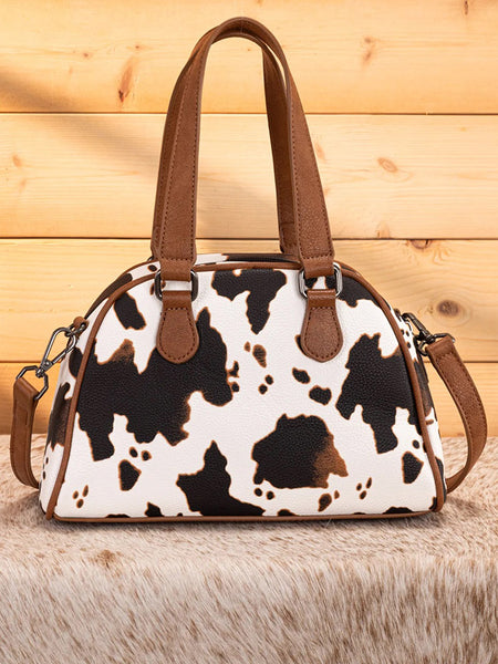 Wrangler WG399-5112BRCOW Womens Cow Print Satchel/Crossbody Bag Brown back view. If you need any assistance with this item or the purchase of this item please call us at five six one seven four eight eight eight zero one Monday through Saturday 10:00a.m EST to 8:00 p.m EST