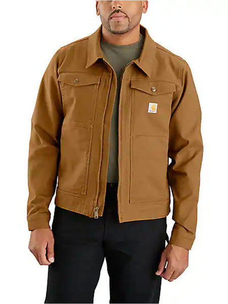 Carhartt 105748-BRN Mens Rugged Flex Relaxed Fit Duck Jacket Brown front view. If you need any assistance with this item or the purchase of this item please call us at five six one seven four eight eight eight zero one Monday through Saturday 10:00a.m EST to 8:00 p.m EST