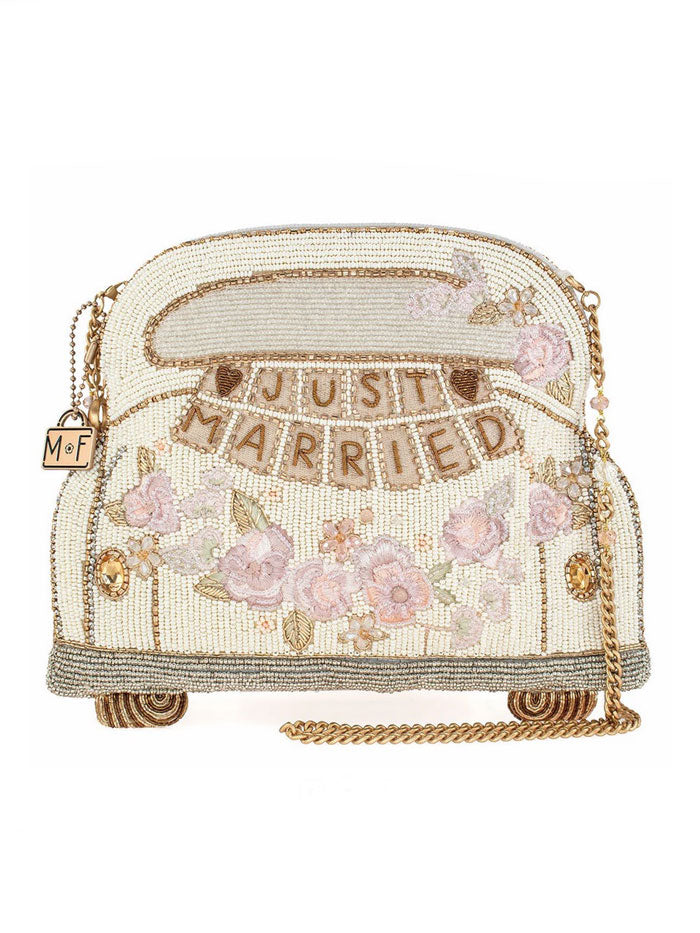 Mary Frances BAG S002-367 JUST MARRIED Crossbody Bag Ivory front view. If you need any assistance with this item or the purchase of this item please call us at five six one seven four eight eight eight zero one Monday through Saturday 10:00a.m EST to 8:00 p.m EST