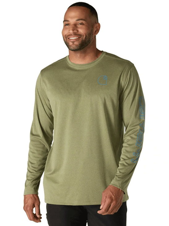 Carhartt 106164-GL8 Mens Force Sun Defender Long Sleeve T-Shirt Dark Bronzed Green Heather front view. If you need any assistance with this item or the purchase of this item please call us at five six one seven four eight eight eight zero one Monday through Saturday 10:00a.m EST to 8:00 p.m EST
