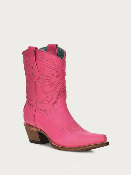 Corral Z5137 Ladies Embroidery Ankle Western Boot Fuchsia front and side view. If you need any assistance with this item or the purchase of this item please call us at five six one seven four eight eight eight zero one Monday through Saturday 10:00a.m EST to 8:00 p.m EST