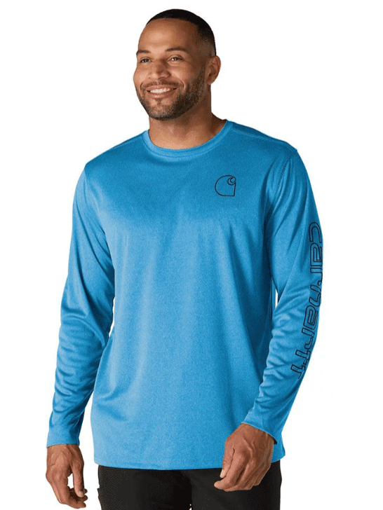 Carhartt 106164-HO7 Mens Force Sun Defender Long Sleeve T-Shirt Horizon Blue Heather front view. If you need any assistance with this item or the purchase of this item please call us at five six one seven four eight eight eight zero one Monday through Saturday 10:00a.m EST to 8:00 p.m EST