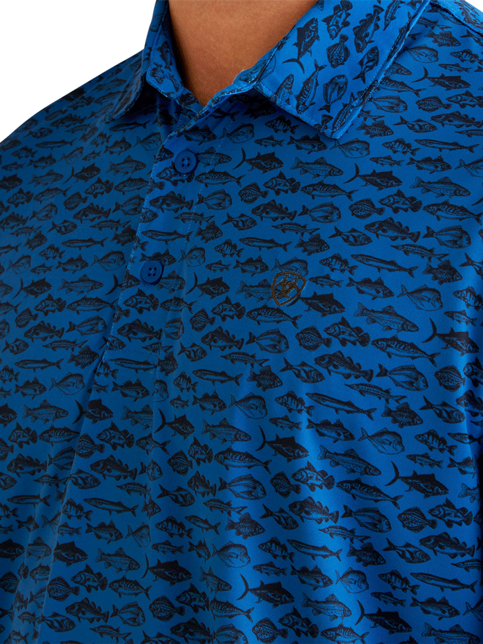 Ariat 10045030 Mens All Over Print Polo Cendre Blue front view. If you need any assistance with this item or the purchase of this item please call us at five six one seven four eight eight eight zero one Monday through Saturday 10:00a.m EST to 8:00 p.m EST
