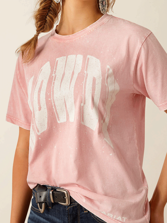 Ariat 10055130 Womens Howdy T-Shirt Acid Wash Pink front view. If you need any assistance with this item or the purchase of this item please call us at five six one seven four eight eight eight zero one Monday through Saturday 10:00a.m EST to 8:00 p.m EST