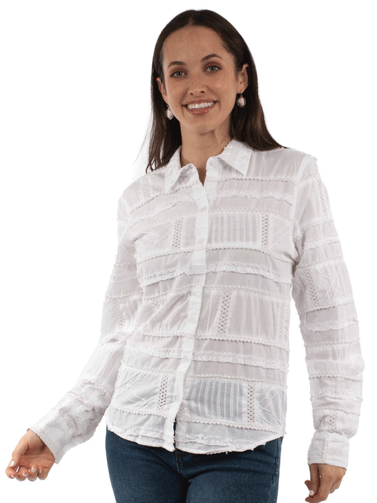 Scully HC953-WHT Womens Patchwork Blouse White front view. If you need any assistance with this item or the purchase of this item please call us at five six one seven four eight eight eight zero one Monday through Saturday 10:00a.m EST to 8:00 p.m EST

