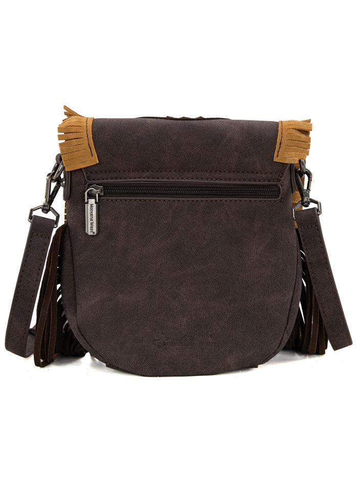 Montana West MW1291-8360CF Womens Concho Fringe Collection Saddle Bag Coffee front view. If you need any assistance with this item or the purchase of this item please call us at five six one seven four eight eight eight zero one Monday through Saturday 10:00a.m EST to 8:00 p.m EST