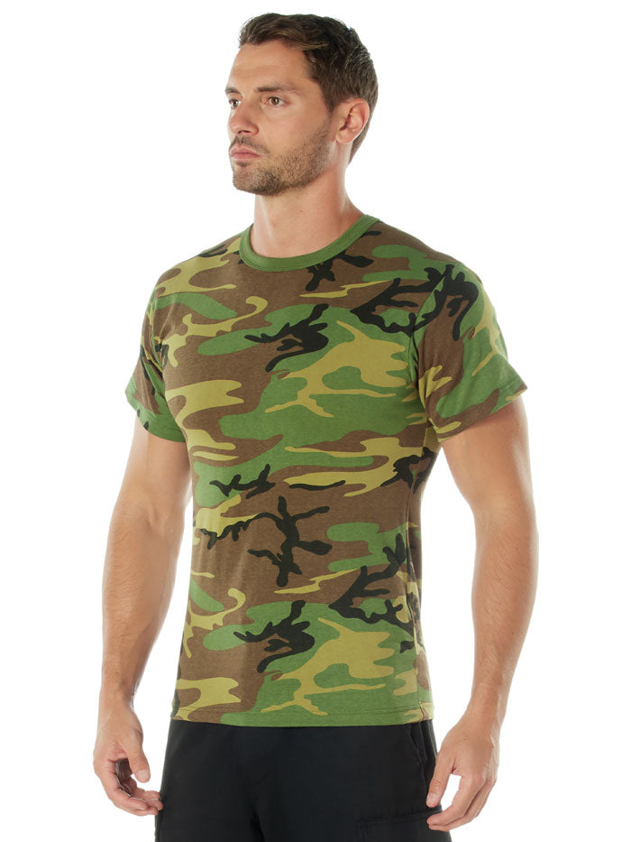 Rothco 8777 Mens Short Sleeve T-Shirt Woodland Camo front view. If you need any assistance with this item or the purchase of this item please call us at five six one seven four eight eight eight zero one Monday through Saturday 10:00a.m EST to 8:00 p.m EST