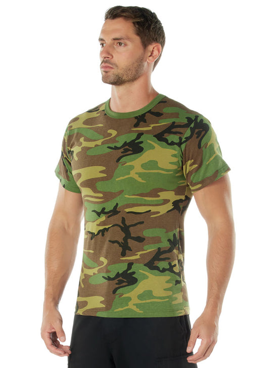 Rothco 8777 Mens Short Sleeve T-Shirt Woodland Camo side / front view. If you need any assistance with this item or the purchase of this item please call us at five six one seven four eight eight eight zero one Monday through Saturday 10:00a.m EST to 8:00 p.m EST