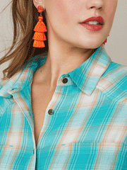 Ariat 10043447 Womens REAL Billie Rae Shirt Ojai Plaid Turquoise close up view of collar . If you need any assistance with this item or the purchase of this item please call us at five six one seven four eight eight eight zero one Monday through Saturday 10:00a.m EST to 8:00 p.m EST