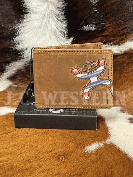 Hooey HBF013-TNSP Mens Nomad Laser Cut Hands-Up Bi-Fold Wallet Brown front view. If you need any assistance with this item or the purchase of this item please call us at five six one seven four eight eight eight zero one Monday through Saturday 10:00a.m EST to 8:00 p.m EST