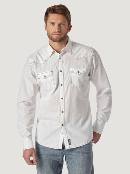 Wrangler MVR531W Mens Long Sleeve Western Snap Solid Dobby Shirt White front view. If you need any assistance with this item or the purchase of this item please call us at five six one seven four eight eight eight zero one Monday through Saturday 10:00a.m EST to 8:00 p.m EST
