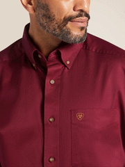 Ariat 10012635 Mens Solid Twill Classic Fit Shirt Burgundy front close up view. If you need any assistance with this item or the purchase of this item please call us at five six one seven four eight eight eight zero one Monday through Saturday 10:00a.m EST to 8:00 p.m EST