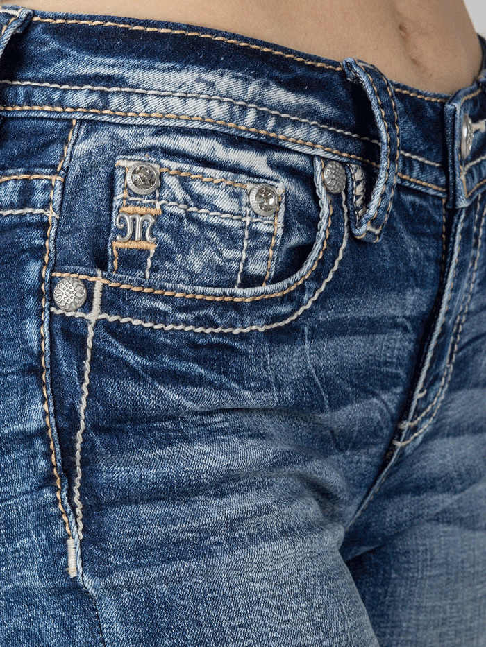 Miss Me M3080B39 Womens Pastel Angel Wing Bootcut Jean Blue back pocket close up. If you need any assistance with this item or the purchase of this item please call us at five six one seven four eight eight eight zero one Monday through Saturday 10:00a.m EST to 8:00 p.m EST