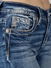 Miss Me M3080B39 Womens Pastel Angel Wing Bootcut Jean Blue front pocket close up. If you need any assistance with this item or the purchase of this item please call us at five six one seven four eight eight eight zero one Monday through Saturday 10:00a.m EST to 8:00 p.m EST