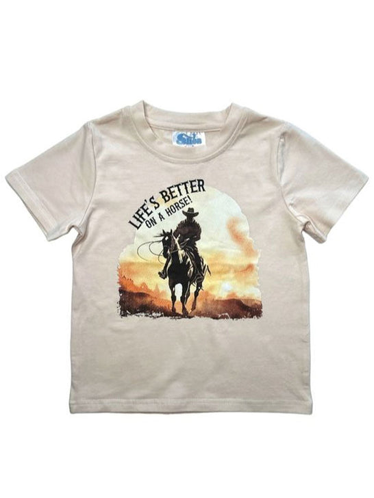 Shea Baby BVINB08 Kids Lifes Better On A Horse Shirt Beige front view. If you need any assistance with this item or the purchase of this item please call us at five six one seven four eight eight eight zero one Monday through Saturday 10:00a.m EST to 8:00 p.m EST