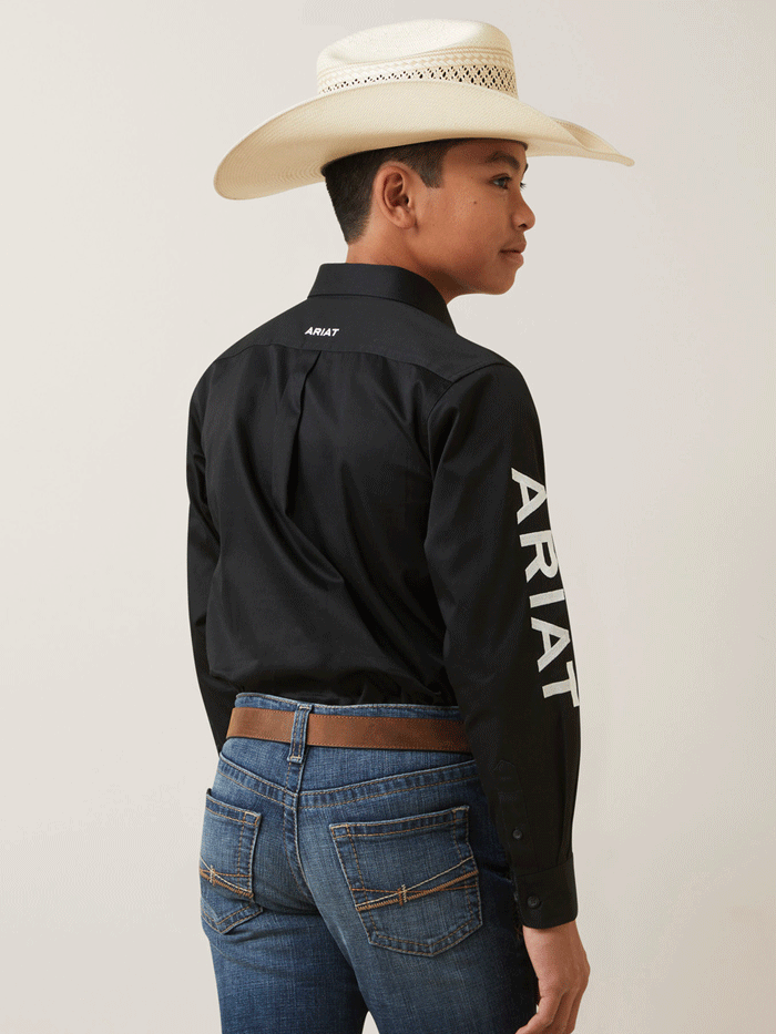Ariat 10045426 Kids Team Logo Twill Classic Fit Shirt Black front view. If you need any assistance with this item or the purchase of this item please call us at five six one seven four eight eight eight zero one Monday through Saturday 10:00a.m EST to 8:00 p.m EST