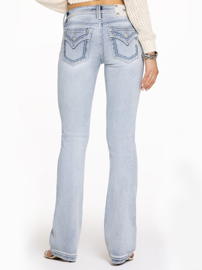 Miss Me M5014B418 Womens Haven Stitched Bootcut Jean Light Wash front view. If you need any assistance with this item or the purchase of this item please call us at five six one seven four eight eight eight zero one Monday through Saturday 10:00a.m EST to 8:00 p.m EST
