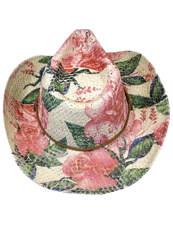 Rockmount 2131 Womens Floral Print Western Cowgirl Straw Hat Pink And Green side / front view. If you need any assistance with this item or the purchase of this item please call us at five six one seven four eight eight eight zero one Monday through Saturday 10:00a.m EST to 8:00 p.m EST