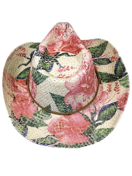 Rockmount 2131 Womens Floral Print Western Cowgirl Straw Hat Pink And Green view from above. If you need any assistance with this item or the purchase of this item please call us at five six one seven four eight eight eight zero one Monday through Saturday 10:00a.m EST to 8:00 p.m EST