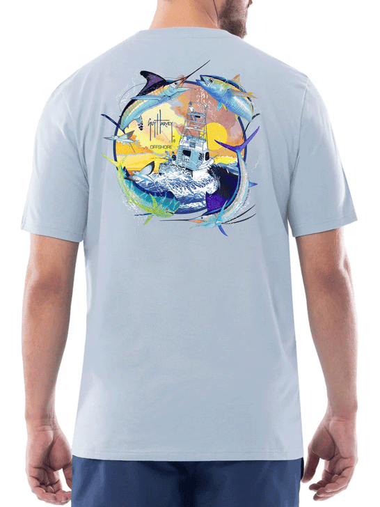 Guy Harvey GHV56001-BFG Mens Open Ocean Short Sleeve Pocket T-Shirt Blue Fog back view. If you need any assistance with this item or the purchase of this item please call us at five six one seven four eight eight eight zero one Monday through Saturday 10:00a.m EST to 8:00 p.m EST