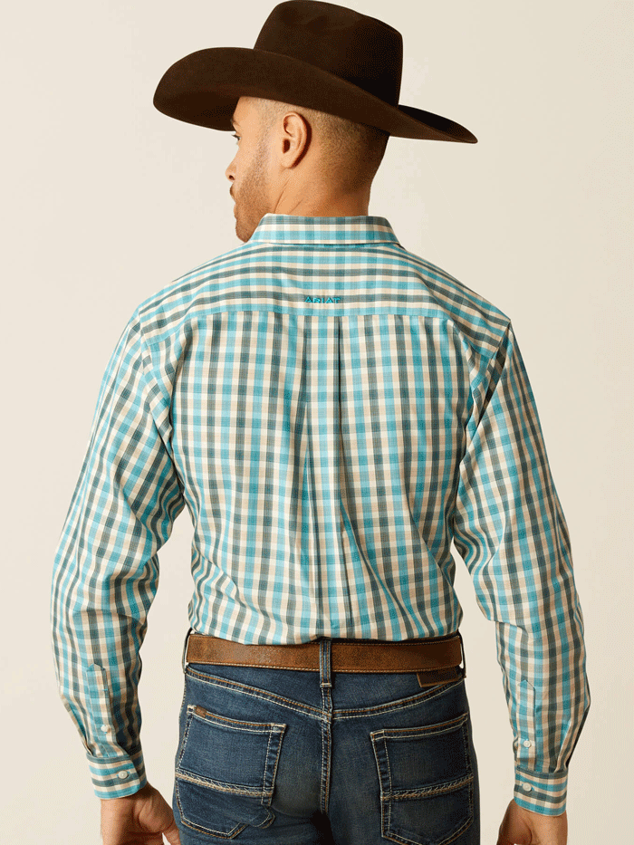 Ariat 10052380 Mens Wrinkle Free Gordie Fitted Shirt Teal front view. If you need any assistance with this item or the purchase of this item please call us at five six one seven four eight eight eight zero one Monday through Saturday 10:00a.m EST to 8:00 p.m EST