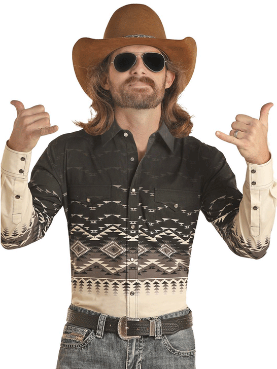 Rock & Roll Denim BMN2S02511 Mens Dale Brisby Aztec Border Snap Shirt Black front view. If you need any assistance with this item or the purchase of this item please call us at five six one seven four eight eight eight zero one Monday through Saturday 10:00a.m EST to 8:00 p.m EST