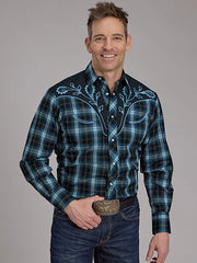 Roper 01-001-0024-1070 Mens Fancy Applique Plaid Western Shirt Blue front view. If you need any assistance with this item or the purchase of this item please call us at five six one seven four eight eight eight zero one Monday through Saturday 10:00a.m EST to 8:00 p.m EST