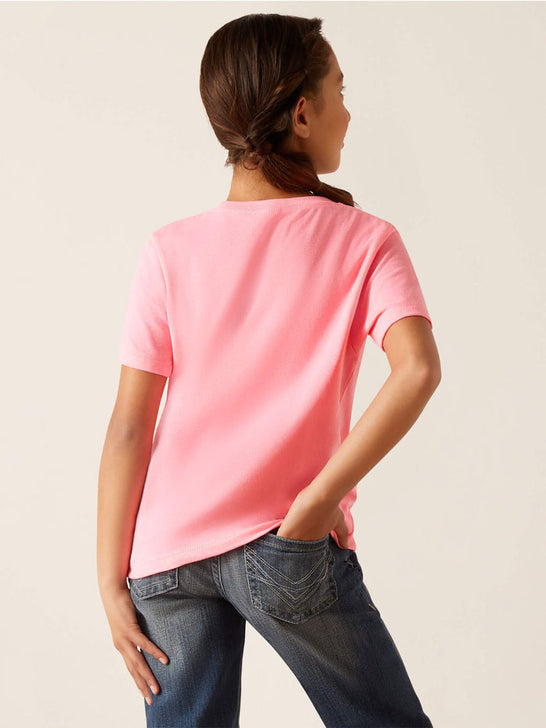 Ariat 10047907 Kids Rainbow Script T-Shirt Neon Pink Heather back view. If you need any assistance with this item or the purchase of this item please call us at five six one seven four eight eight eight zero one Monday through Saturday 10:00a.m EST to 8:00 p.m EST
