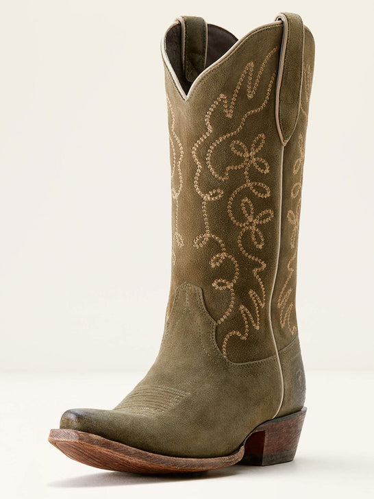 Ariat 10053792 Womens Jukebox Western Suede Boot Soft Olive front and side view. If you need any assistance with this item or the purchase of this item please call us at five six one seven four eight eight eight zero one Monday through Saturday 10:00a.m EST to 8:00 p.m EST

