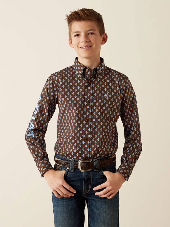 Ariat 10054069 Kids Team Oak Classic Fit Shirt Brownlight Blue front / view. If you need any assistance with this item or the purchase of this item please call us at five six one seven four eight eight eight zero one Monday through Saturday 10:00a.m EST to 8:00 p.m EST