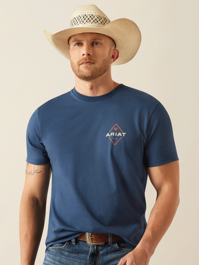 Ariat 10054769 Mens Diamond Valley T-Shirt Space Blue back view. If you need any assistance with this item or the purchase of this item please call us at five six one seven four eight eight eight zero one Monday through Saturday 10:00a.m EST to 8:00 p.m EST

