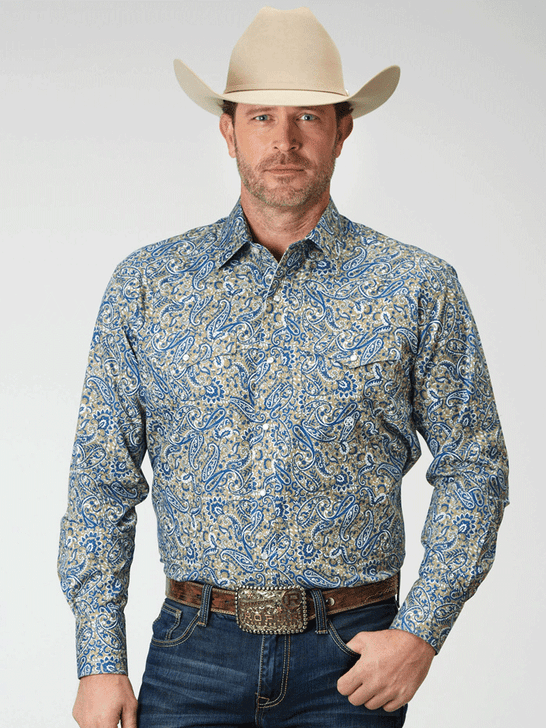Roper 03-001-0225-2025 Mens All Over Delft Paisley Print Snap Shirt Blue front view. If you need any assistance with this item or the purchase of this item please call us at five six one seven four eight eight eight zero one Monday through Saturday 10:00a.m EST to 8:00 p.m EST