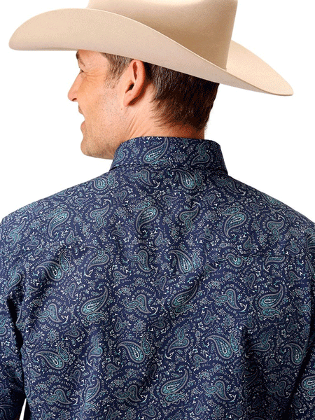 Roper 03-002-0064-0302 Mens Short Sleeve Paisley Shirt Blue back view. If you need any assistance with this item or the purchase of this item please call us at five six one seven four eight eight eight zero one Monday through Saturday 10:00a.m EST to 8:00 p.m EST