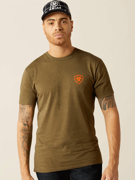 Ariat 10052569 Mens Grain Flag T-Shirt Military Heather front view. If you need any assistance with this item or the purchase of this item please call us at five six one seven four eight eight eight zero one Monday through Saturday 10:00a.m EST to 8:00 p.m EST