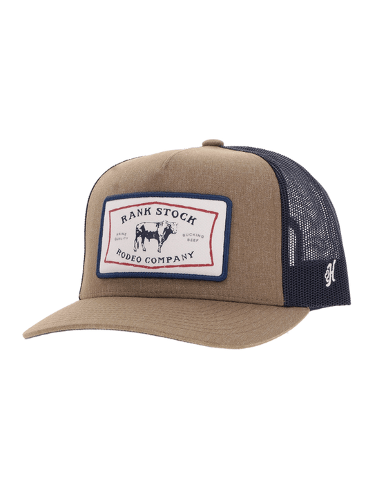 Hooey 2561T-TNNV RANK STOCK High Profile Snapback Trucker Hat Tan Navy side / front view. If you need any assistance with this item or the purchase of this item please call us at five six one seven four eight eight eight zero one Monday through Saturday 10:00a.m EST to 8:00 p.m EST