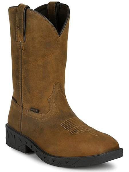 Justin PD4067 Mens Trencher Waterproof Steel Toe Work Boot Brown side / front view. If you need any assistance with this item or the purchase of this item please call us at five six one seven four eight eight eight zero one Monday through Saturday 10:00a.m EST to 8:00 p.m EST