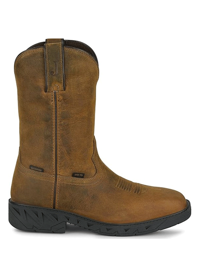 Justin PD4067 Mens Trencher Waterproof Steel Toe Work Boot Brown side / front view. If you need any assistance with this item or the purchase of this item please call us at five six one seven four eight eight eight zero one Monday through Saturday 10:00a.m EST to 8:00 p.m EST