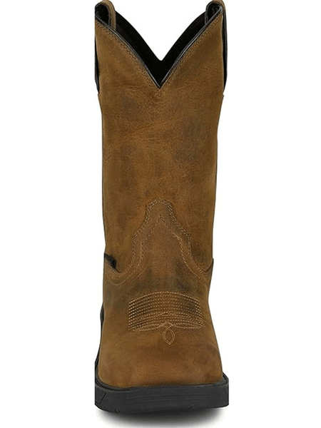 Justin PD4067 Mens Trencher Waterproof Steel Toe Work Boot Brown front view. If you need any assistance with this item or the purchase of this item please call us at five six one seven four eight eight eight zero one Monday through Saturday 10:00a.m EST to 8:00 p.m EST