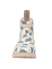 A single XtratuF children's rain boot featuring a blue, pink, and beige camouflage pattern with a light pink pull tab and sole, shown against a plain white background. If you need any assistance with this item or the purchase of this item please call us at five six one seven four eight eight eight zero one Monday through Saturday 10:00a.m EST to 8:00 p.m EST
