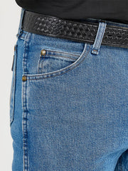 Wrangler 47MWZSW Mens Premium Performance Cowboy Cut Regular Fit Jean Stonewash pocket close up. If you need any assistance with this item or the purchase of this item please call us at five six one seven four eight eight eight zero one Monday through Saturday 10:00a.m EST to 8:00 p.m EST 