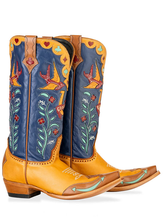 Double D Ranch DDL1083 Womens HIGH STAKES Leather Boot Blue Honey side view. If you need any assistance with this item or the purchase of this item please call us at five six one seven four eight eight eight zero one Monday through Saturday 10:00a.m EST to 8:00 p.m EST