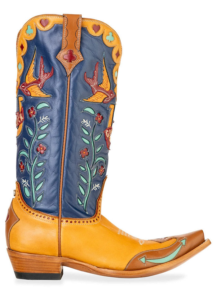 Double D Ranch DDL1083 Womens HIGH STAKES Leather Boot Blue Honey side view. If you need any assistance with this item or the purchase of this item please call us at five six one seven four eight eight eight zero one Monday through Saturday 10:00a.m EST to 8:00 p.m EST