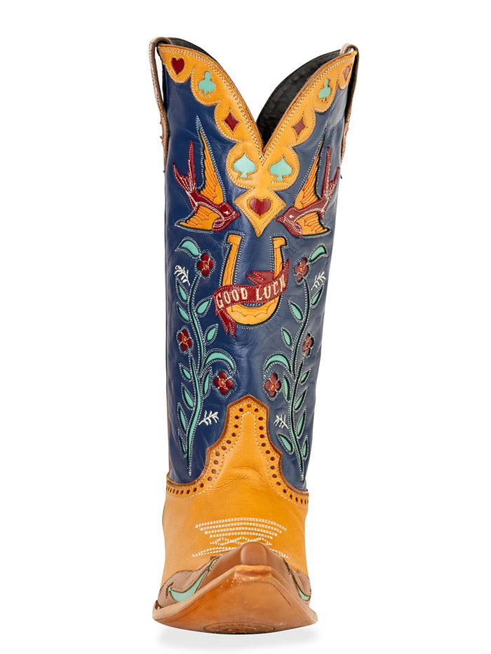 Double D Ranch DDL1083 Womens HIGH STAKES Leather Boot Blue Honey side view. If you need any assistance with this item or the purchase of this item please call us at five six one seven four eight eight eight zero one Monday through Saturday 10:00a.m EST to 8:00 p.m EST