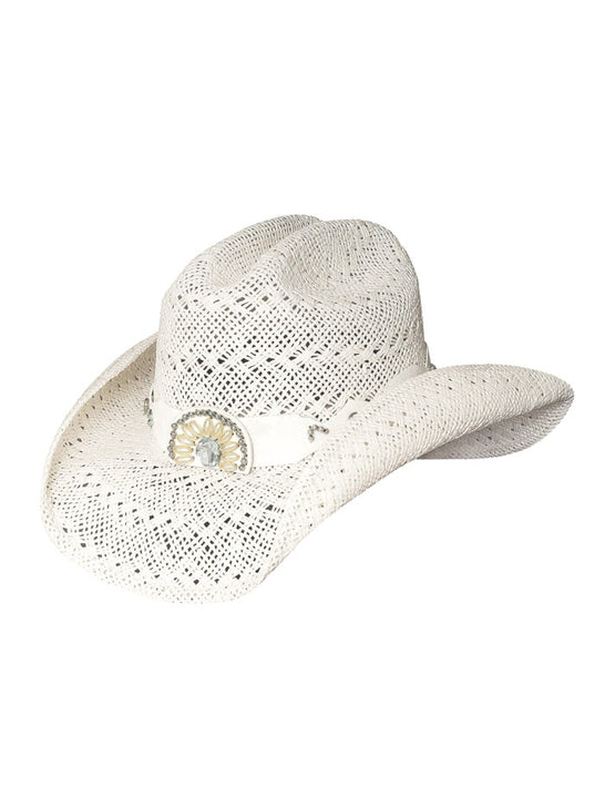 Bullhide ITCHYGOONIE 2223W Fashion Western Straw Hat White front and side view. If you need any assistance with this item or the purchase of this item please call us at five six one seven four eight eight eight zero one Monday through Saturday 10:00a.m EST to 8:00 p.m EST